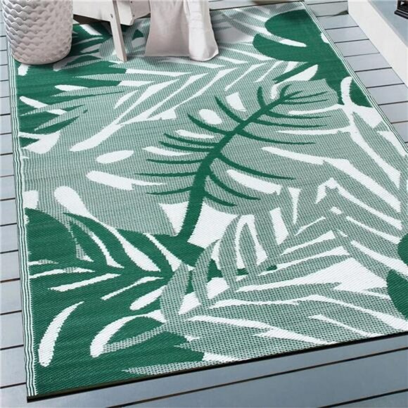 Tropical Leaf Outdoor Rug Waterproof Reversible Plastic Patio RV Camping Mat - Picture 1 of 8